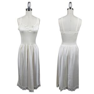 VTG Vanity Fair Gown Midi Slip Dress XS Beige Stripe Lace Accent Fairy Ethereal